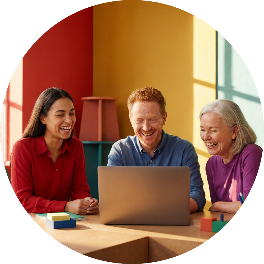 Three colleagues all participating in a webinar being shown on a single laptop, they are sitting in a brightly coloured office environment.