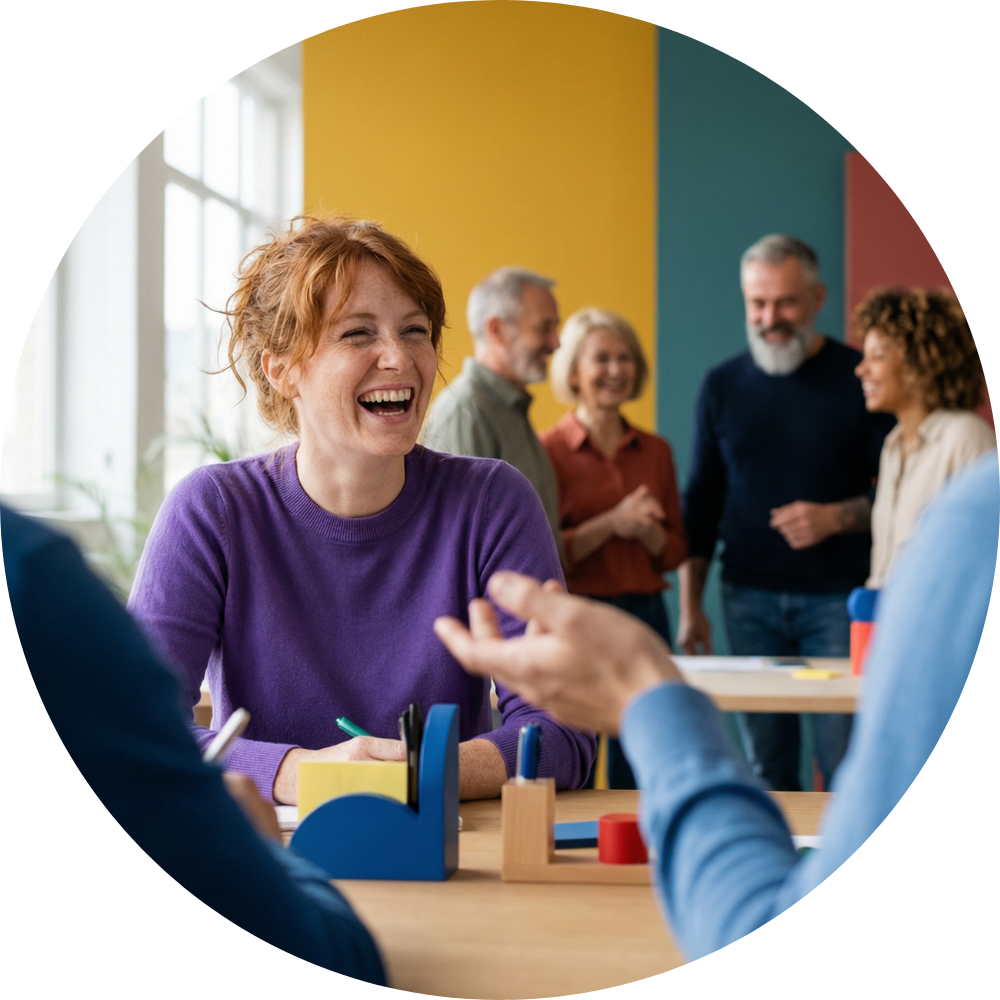 A worker is engaging and laughing with colleagues in a brightly coloured office. Behind her are a group of other employees discussing some paperwork on the desk in front of them.